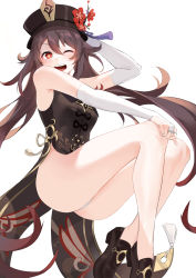 Rule 34 | 1girl, absurdres, adapted costume, artist request, ass, bare legs, bare shoulders, black hat, blush, breasts, bridal gauntlets, brown hair, china dress, chinese clothes, dress, genshin impact, gold trim, hat, highres, hu tao (genshin impact), legs, long hair, looking at viewer, one eye closed, open mouth, panties, pelvic curtain, red eyes, shiny skin, simple background, smile, solo, star-shaped pupils, star (symbol), symbol-shaped pupils, thighs, underwear, very long hair, white background, white panties, wink