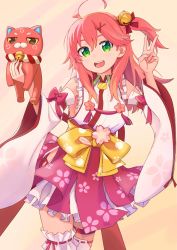 Rule 34 | 1girl, ahoge, bell, bridal garter, cat, cherry blossom print, detached sleeves, floral print, green eyes, hair bell, hair ornament, hairclip, highres, hololive, jellycomeko, kintoki (sakura miko), looking at viewer, open mouth, paw print, paw print pattern, pink hair, sakura miko, sakura miko (1st costume), teeth, upper teeth only, v, virtual youtuber, x hair ornament