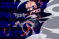 Rule 34 | 1boy, bakugou katsuki, black background, blonde hair, boku no hero academia, boots, commentary request, eye mask, from side, gloves, green gloves, happy birthday, male focus, mask, omura (o mr), open mouth, red eyes, smoke, solo, spiked hair, teeth