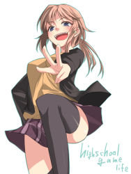 Rule 34 | 1girl, absurdres, arm up, bad id, bad pixiv id, black skirt, black thighhighs, blue eyes, breasts, brown hair, english text, female focus, fingernails, hair ornament, highres, jacket, leg up, looking at viewer, medium breasts, miniskirt, open mouth, original, ponytail, school uniform, simple background, skirt, solo, striped clothes, striped skirt, sweater vest, thighhighs, uniform, vertical-striped clothes, vertical-striped skirt, white background, yamane akira, zettai ryouiki