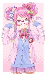Rule 34 | 1girl, absurdres, alternate costume, alternate hairstyle, blush, candy hair ornament, commentary request, crown, double bun, food-themed hair ornament, glasses, hair ornament, highres, himemori luna, hololive, looking at viewer, mkn00000000, pink hair, school uniform, simple background, smile, solo, virtual youtuber