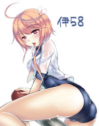 Rule 34 | 10s, 1girl, ahoge, ass, bad id, bad pixiv id, blush, character name, fat mons, geike, hair ornament, highres, i-58 (kancolle), kantai collection, open mouth, personification, red eyes, school swimsuit, school uniform, serafuku, short hair, solo, swimsuit, swimsuit under clothes, torpedo, type 95 torpedo, white background