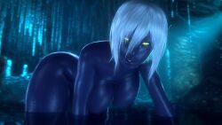 Rule 34 | 1girl, 3d, breasts, dark elf, elf, fallen throne, highres, large breasts, looking at viewer, nipples, noname55, nude, pointy ears, shirt, short hair, solo, white shirt, yellow eyes