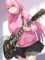 Rule 34 | 1girl, absurdres, black skirt, blue eyes, bocchi the rock!, breasts, commentary request, cowboy shot, electric guitar, gotoh hitori, guitar, highres, holding, holding instrument, instrument, jacket, large breasts, lingshalan, long hair, long sleeves, looking at viewer, miniskirt, one side up, pink hair, pink jacket, pleated skirt, skirt, solo, standing, very long hair