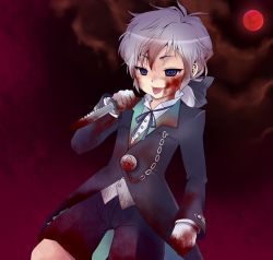 Rule 34 | 1boy, blood, blood on clothes, blue eyes, child, cloud, gloves, jacket, knife, male focus, moon, necktie, night, oginy, para-sol, ponytail, shirt, shorts, sky, solo, tongue, tongue out, watch, white hair, yandere, yatabe sham