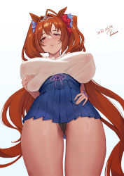 Rule 34 | 1girl, absurdres, ahoge, bad id, bad pixiv id, black panties, blouse, blue skirt, bow, breasts, brown hair, cameltoe, cleft of venus, covered erect nipples, daiwa scarlet (umamusume), dated, deep skin, frilled shirt, frills, from below, gluteal fold, grabbing own breast, hair bow, hair intakes, hand on own hip, high-waist skirt, highres, huge breasts, long hair, looking at viewer, looking down, panana, panties, pleated skirt, red bow, red eyes, shirt, signature, simple background, skirt, solo, thighs, tiara, twintails, umamusume, underwear, upskirt, very long hair, white background, white shirt
