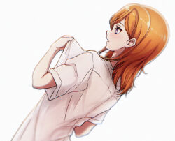 Rule 34 | 1girl, closed mouth, commentary request, dutch angle, from behind, highres, koukoutou (seikoutoutei), love live!, love live! superstar!!, medium hair, orange hair, purple eyes, shibuya kanon, shirt, short sleeves, solo, undressing, upper body, white background, white shirt
