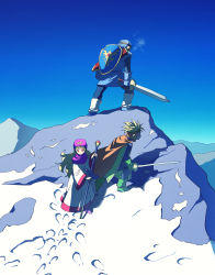Rule 34 | 1girl, 2boys, blonde hair, cape, commentary request, curly hair, dragon quest, dragon quest ii, dress, gloves, goggles, goggles on headwear, hat, hood, long hair, multiple boys, prince of lorasia, prince of samantoria, princess of moonbrook, red eyes, robe, snow, spiked hair, staff, sword, weapon, white robe, yuza
