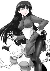 Rule 34 | 1girl, :d, absurdres, blunt bangs, breasts, chouku tetsushitsuiwa, closed mouth, creatures (company), dress, floating hair, frown, game freak, gen 1 pokemon, gloves, greyscale, gym leader, hand on own hip, highres, holding, holding poke ball, horns, legs, long hair, long sleeves, looking at viewer, medium breasts, monochrome, mr. mime, nintendo, open mouth, pantyhose, poke ball, pokemon, pokemon (creature), pokemon adventures, sabrina (pokemon), side slit, simple background, smile, turtleneck, ultra ball, v-shaped eyebrows, white background