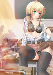 Rule 34 | 1girl, bad id, bad pixiv id, belt, black bra, black panties, black thighhighs, blonde hair, blush, bra, breasts, brown skirt, chair, chalkboard, classroom, closed mouth, clothes pull, curtains, desk, ellen baker, green eyes, hair ornament, hair scrunchie, husimineko, indoors, long hair, looking to the side, medium breasts, new horizon, open clothes, open shirt, panties, ponytail, school, scrunchie, shirt, shirt pull, side ponytail, sitting, skirt, smile, solo, thighhighs, thighs, tree shade, underwear