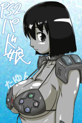 Rule 34 | 1girl, black eyes, black hair, breasts, cleavage, closed mouth, collarbone, controller, dualshock, from side, game console, game controller, gamepad, large breasts, looking at viewer, original, personification, playstation 2, playstation controller, short hair, solo, sorahachi midoro, upper body