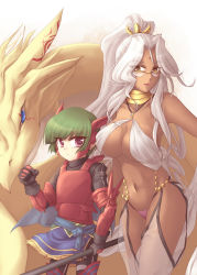 Rule 34 | 1boy, 1girl, :d, age difference, armor, bare shoulders, blue eyes, breasts, cape, chainmail, child, cleavage, clenched hand, cowboy shot, curvy, dark-skinned female, dark skin, dd tatsuki, dragon, facial mark, forehead mark, gauntlets, glasses, gloves, green hair, groin, halterneck, helmet, holding, jewelry, large breasts, lipstick, long hair, looking at viewer, makeup, midriff, mole, navel, neck ring, open mouth, original, over-rim eyewear, pantyhose, parted bangs, polearm, ponytail, purple eyes, sash, see-through, semi-rimless eyewear, shinpi no maihime mira, short hair, sidelocks, smile, spikes, standing, tattoo, thighhighs, turtleneck, very long hair, wavy hair, weapon, white hair, winged helmet, yellow eyes, youryuuou hakurabi, yuukyuu no sharin