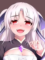 Rule 34 | 1girl, absurdres, artia, bad id, bad pixiv id, blush, breasts, cleavage, cleavage cutout, clothing cutout, fang, fangs, gem, hair ornament, hair ribbon, high collar, highres, holding, holding own hair, hololive, hololive china, large breasts, long hair, looking at viewer, open mouth, parted bangs, pugpuggy, red background, red eyes, ribbon, self-upload, smile, solo, tongue, very long hair, virtual youtuber, white hair