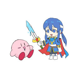 1boy :d armor belt black_pants blue_cape blue_eyes blue_hair blue_tunic blush_stickers boots cape chibi chibi_only drooling fire_emblem fire_emblem:_genealogy_of_the_holy_war gloves gold_trim hair_between_eyes hand_up headband high_collar holding holding_sword holding_weapon kirby kirby_(series) knee_boots long_hair looking_at_object low_ponytail mouth_drool nintendo nyawn5 open_mouth pants red_cape scabbard seliph_(fire_emblem) sheath shoulder_armor sidelocks simple_background smile standing sword tunic twitter_username tyrfing_(fire_emblem) weapon white_background white_belt white_footwear white_gloves white_headband