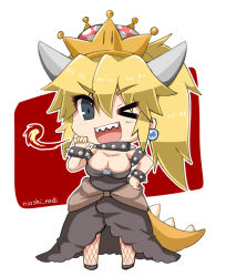 Rule 34 | &gt; o, 1girl, ;d, armlet, artist name, bad id, bad pixiv id, bare shoulders, black dress, black footwear, blonde hair, blush, bowsette, bracelet, breasts, chibi, cleavage, collar, commentary request, crown, dress, fishnet pantyhose, fishnets, full body, grey eyes, hair between eyes, hand on own hip, hand up, horns, jewelry, large breasts, long hair, mario (series), mini crown, new super mario bros. u deluxe, nintendo, noai nioshi, one eye closed, open mouth, pantyhose, ponytail, sharp teeth, signature, smile, solo, spiked armlet, spiked bracelet, spiked collar, spiked tail, spikes, standing, strapless, strapless dress, super crown, tail, teeth, v-shaped eyebrows