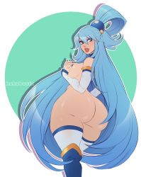 Rule 34 | 1girl, absurdres, aqua (konosuba), ass, blue eyes, blue footwear, blue hair, boots, breasts, cowboy shot, detached sleeves, from behind, green background, highres, huge ass, knee boots, kokobuttz, kono subarashii sekai ni shukufuku wo!, large breasts, long hair, looking back, matching hair/eyes, nude, open mouth, shiny skin, solo, standing, thick lips, thighhighs, tongue, very long hair, white background, white thighhighs