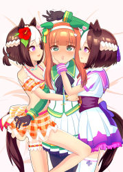 Rule 34 | 3girls, @ @, animal ears, arm wrap, back bow, bikini, black pantyhose, blush, bow, breasts, brown hair, cleavage, detached sleeves, ear covers, flower, frilled skirt, frills, hair flower, hair ornament, hand on another&#039;s face, heart, hibiscus, highres, hime cut, horse ears, horse girl, horse tail, long hair, medium breasts, multicolored hair, multiple girls, open mouth, orange hair, pantyhose, short hair, silence suzuka (umamusume), skirt, special week (hopping vitamin heart) (umamusume), special week (umamusume), streaked hair, swimsuit, tail, thigh strap, thighhighs, umamusume, white thighhighs, whitelily bread, yuri
