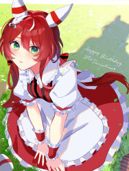 Rule 34 | 1girl, animal ears, blush, breasts, character name, commentary request, gloves, grass, green eyes, hair between eyes, hair ornament, happy birthday, highres, horse ears, horse girl, horse tail, koyox ll, low twintails, on ground, outdoors, pantyhose, red hair, shadow, small breasts, solo, tail, twintails, umamusume, win variation (umamusume)