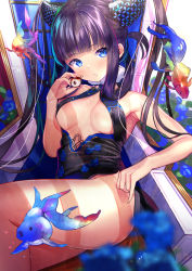 Rule 34 | 1girl, armpits, atori, bare arms, bare shoulders, black dress, black hair, blue eyes, blurry, breasts, covered erect nipples, depth of field, dress, fate/grand order, fate (series), fish, food, fruit, hair ornament, highres, holding, long hair, looking at viewer, lychee, medium breasts, parted lips, sleeveless, sleeveless dress, solo, thighs, twintails, yang guifei (fate), yang guifei (second ascension) (fate)