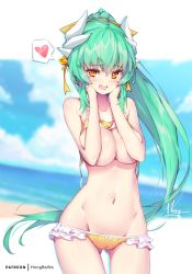 Rule 34 | 1girl, artist name, beach, bikini, bikini top lift, blush, bow, breasts, cameltoe, clothes lift, commentary, convenient arm, cowboy shot, day, dutch angle, english commentary, fate/grand order, fate (series), frill trim, frills, gluteal fold, green hair, groin, hair bow, hands on own cheeks, hands on own face, heart, heart-shaped pupils, hong (white spider), horns, kiyohime (fate), kiyohime (fate/grand order), kiyohime (swimsuit lancer) (fate), kiyohime (swimsuit lancer) (first ascension) (fate), large breasts, long hair, looking at viewer, lowleg, lowleg bikini, navel, open mouth, outdoors, ponytail, shiny skin, smile, solo, spoken heart, swimsuit, symbol-shaped pupils, thigh gap, untied bikini, very long hair, yellow bikini, yellow eyes