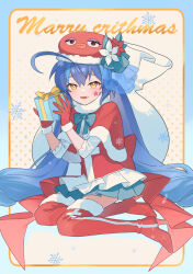Rule 34 | 1girl, ahoge, alternate costume, aqua hair, aqua ribbon, aqua skirt, back bow, blue eyes, blush, boots, bow, capelet, eel hat, english text, facial mark, fang, flower, full body, fur-trimmed boots, fur-trimmed capelet, fur-trimmed gloves, fur-trimmed headwear, fur trim, gift, gloves, hair between eyes, high heel boots, high heels, highres, holding, holding gift, long hair, looking at viewer, low-braided long hair, low-tied long hair, low twintails, merry christmas, multicolored hair, neck ribbon, open mouth, orange eyes, otomachi una, red bow, red capelet, red flower, red footwear, red gloves, red headwear, red shirt, ribbon, see-through, shirt, sitting, skirt, sleeves past elbows, smile, snowflakes, solo, star (symbol), star facial mark, streaked hair, suiso sn3, thigh boots, turtleneck, twintails, very long hair, vocaloid, white flower, white skirt, white sleeves, white trim, yellow ribbon