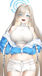 Rule 34 | absurdly long hair, absurdres, alternate costume, arucoro, asuna (blue archive), bare shoulders, blue archive, blue eyes, blue jacket, breasts, casual, crop top, hair over one eye, hands in pockets, highres, jacket, large breasts, light brown hair, long hair, navel, off shoulder, open mouth, partially unzipped, shirt, short shorts, shorts, sleeveless, sleeveless shirt, smile, strap, swept bangs, teeth, thigh gap, turtleneck, upper teeth only, very long hair