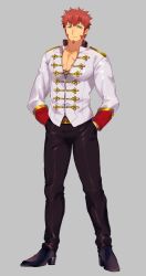 Rule 34 | 1boy, beard, belt, blue eyes, brown hair, closed mouth, epaulettes, facial hair, fate/grand order, fate (series), full body, hands in pockets, highres, long sideburns, long sleeves, looking at viewer, pectoral cleavage, male focus, military, napoleon bonaparte (fate), open clothes, open shirt, pants, pectorals, rondo (poccal), scar, shoes, sideburns, simple background, solo, standing, uniform