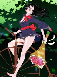 Rule 34 | 1girl, absurdres, bicycle, black hair, bouquet, bow, breasts, brown eyes, cleavage, fine art parody, flower, forehead, forest, full body, highres, holding, holding bouquet, inkan, japanese clothes, kimono, long hair, long sleeves, looking back, medium breasts, nature, nihonga, original, parody, parted lips, penny-farthing, red bow, riding, riding bicycle, sandals, sei5osuzuki, short kimono, thighs
