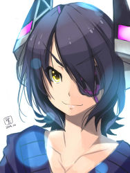 Rule 34 | 10s, 1girl, black hair, collarbone, dated, eyepatch, headgear, highres, kantai collection, mistrail, portrait, short hair, signature, sketch, solo, sweater, tenryuu (kancolle), white background, yellow eyes