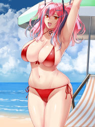 Rule 34 | 1girl, :d, armpits, arms up, azur lane, bare shoulders, beach, beach chair, beach umbrella, bikini, blue sky, breasts, bremerton (azur lane), cleavage, cloud, collarbone, commentary request, cowboy shot, crossed bangs, day, front-tie bikini top, front-tie top, grey hair, groin, hair between eyes, hair intakes, hair ornament, highres, large breasts, lifebuoy ornament, long hair, looking at viewer, mole, mole on breast, mole under eye, multicolored hair, navel, ocean, open mouth, outdoors, pink eyes, pink hair, red bikini, side-tie bikini bottom, sidelocks, skindentation, sky, smile, solo, standing, stomach, streaked hair, stretching, swimsuit, switch01, twintails, two-tone hair, umbrella, x hair ornament