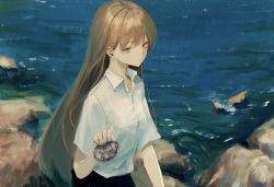Rule 34 | 1girl, 7ife, absurdres, bad id, bad pixiv id, blouse, brown eyes, brown hair, closed mouth, collared shirt, commentary, day, english commentary, highres, holding, holding shell, long hair, looking at viewer, ocean, original, outdoors, school uniform, shell, shirt, short sleeves, solo, upper body, white shirt