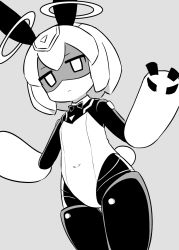 Rule 34 | 1girl, android, animal ears, bow, bowtie, closed mouth, commentary, copyright request, covered navel, grey background, greyscale, hair between eyes, hands up, highres, leotard, looking at viewer, monochrome, naga u, rabbit ears, rabbit tail, shaded face, short hair, simple background, solo, strapless, strapless leotard, symbol-only commentary, tail