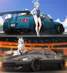 Rule 34 | 2girls, absurdres, alternate costume, alternate hairstyle, animal ear fluff, animal ears, ass, back, backless outfit, bag, bare arms, bare legs, bare shoulders, black car, black halo, black leotard, black one-piece swimsuit, blue archive, blue car, blue eyes, blue halo, blue one-piece swimsuit, blue sky, blurry, blurry background, blush, breasts, broken halo, car, cloud, commentary, competition swimsuit, covered navel, cross, cross hair ornament, day, dual persona, duffel bag, earrings, extra ears, fake animal ears, fake tail, from behind, grey hair, hair between eyes, hair ornament, halo, highres, inverted cross, jewelry, legs, lens flare, leotard, license plate, long hair, looking at viewer, looking back, low ponytail, masabodo, mismatched pupils, motor vehicle, multiple girls, nape, nissan, nissan 350z, nissan fairlady z, nissan gt-r, official alternate costume, one-piece swimsuit, outdoors, parted lips, ponytail, rabbit ears, rabbit tail, sandals, shiroko (blue archive), shiroko (swimsuit) (blue archive), shiroko terror (blue archive), sitting on car, sky, small breasts, solo, spoiler (automobile), sports car, standing, strapless, strapless leotard, stud earrings, swimsuit, symbol-only commentary, tail, thighs, tire, two-tone swimsuit, vehicle focus, very long hair, white wrist cuffs, wolf ears, wrist cuffs