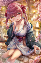 Rule 34 | 1girl, alcohol, blue kimono, blurry, blurry foreground, blush, breasts, cherry blossoms, choko (cup), cleavage, collarbone, commentary request, cup, depth of field, feet, flower, hair between eyes, hair ribbon, hand on own cheek, hand on own face, hand up, heterochromia, highres, holding, holding cup, hololive, houshou marine, japanese clothes, kimono, lantern, large breasts, long hair, long sleeves, looking at viewer, motion blur, open mouth, paper lantern, pink flower, red eyes, red hair, ribbon, sake, sitting, smile, soaking feet, solo, thighs, tokkuri, torino aqua, twintails, virtual youtuber, water, white kimono, yellow eyes