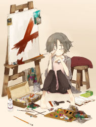 Rule 34 | 1girl, art brush, bad id, bad pixiv id, barefoot, book, canvas (object), ccru, easel, closed eyes, grey hair, highres, oekaki musume, original, paint, paintbrush, painting (action), palette (object), short hair, sitting, sleeves pushed up, solo, stool, tears