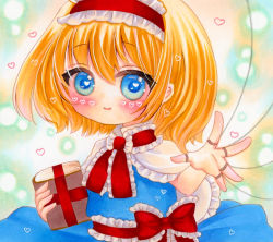 Rule 34 | 1girl, alice margatroid, blonde hair, blue dress, blue eyes, blush, book, capelet, closed mouth, dress, frilled capelet, frilled hairband, frilled ribbon, frills, green background, hair between eyes, hairband, heart, highres, holding, holding book, jewelry, looking at viewer, marker (medium), medium hair, puppet rings, puppet strings, red hairband, red ribbon, ribbon, ring, simple background, smile, solo, touhou, traditional media, white capelet, yuuki hana (jtnp5334)