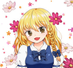 Rule 34 | 1girl, :d, blonde hair, blue bow, blue bowtie, blush, bow, bowtie, braid, breasts, collared shirt, commentary request, flower, head tilt, kirisame marisa, long hair, looking at viewer, medium breasts, no headwear, open mouth, puffy short sleeves, puffy sleeves, shirt, short sleeves, side braid, single braid, smile, solo, toraneko0128, touhou, vest, wavy hair, yellow eyes