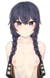 Rule 34 | 1girl, bad id, bad pixiv id, black eyes, black hair, blush, braid, breasts, frown, highres, k0ng, looking at viewer, nipples, simple background, solo, twin braids, white background