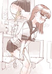 Rule 34 | 1girl, @ @, anus, anus peek, ass, bathroom, black sailor collar, black skirt, blush, bow, bow panties, breasts, breath, brown hair, ear blush, embarrassed, female focus, heart, highres, indoors, industrial pipe, japanese text, kantai collection, koorimizu, leaning forward, legs, legs together, long hair, looking at viewer, miniskirt, monochrome, multiple views, nose blush, ooi (kancolle), open mouth, panties, panty pull, peeing, pleated skirt, pocket, pulling own clothes, pussy, sailor collar, shirt, short sleeves, sidelocks, sketch, skirt, small breasts, steam, sweat, tears, thighs, toilet use, translation request, uncensored, underwear, urinal, urinal use, wet, wet clothes, wet panties, white shirt