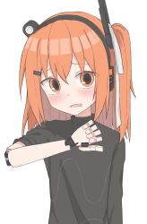 Rule 34 | 1girl, a.i. voice, adachi rei, android, anmitsu kina, black shirt, blush, commentary, embarrassed, fang, hair ornament, hair ribbon, hand up, headlamp, headphones, highres, joints, lens eye, looking at viewer, medium hair, one side up, open mouth, orange eyes, orange hair, radio antenna, ribbon, robot joints, shirt, simple background, skin fang, sleeves pushed up, solo, text in eyes, turtleneck, upper body, utau, white background, white ribbon