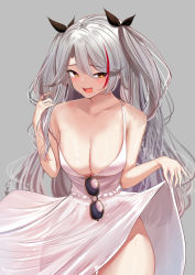 Rule 34 | 1girl, :d, azur lane, bare shoulders, black ribbon, blush, breasts, clothes lift, collarbone, dress, dress lift, eyewear hang, unworn eyewear, grey background, grey hair, hair ribbon, hand up, large breasts, lifting own clothes, long hair, mole, mole on breast, multicolored hair, open mouth, prinz eugen (azur lane), raised eyebrows, red hair, ribbon, schreibe shura, simple background, smile, solo, strap slip, streaked hair, sundress, sunglasses, sweat, thighs, two side up, very long hair, wavy hair, white dress, yellow eyes