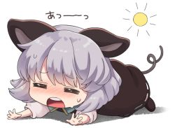 Rule 34 | 1girl, animal ears, blue capelet, blush, capelet, chibi, closed eyes, commentary, curled tail, full body, grey hair, grey skirt, hot, iris anemone, mouse ears, mouse girl, mouse tail, nazrin, nose blush, open mouth, shirt, short hair, skirt, solo, sun, symbol-only commentary, tail, touhou, white background, white shirt