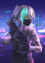 Rule 34 | 1girl, absurdres, black gloves, black skirt, collared shirt, commentary request, d-sawa613, dress shirt, english text, gloves, green eyes, green hair, grey shirt, gun, handgun, hands up, highres, holding, holding gun, holding magazine (weapon), holding weapon, long sleeves, looking away, magazine (weapon), mask, mouth mask, multicolored hair, original, pleated skirt, shirt, skirt, solo, streaked hair, trigger discipline, weapon