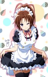 Rule 34 | 1girl, apron, birthday, black thighhighs, brown hair, choker, clothes lift, collarbone, commentary, dated, hibike! euphonium, highres, lifting own clothes, long hair, looking at viewer, maid, maid apron, maid headdress, nakagawa natsuki, nii manabu, one eye closed, ponytail, purple eyes, short sleeves, signature, skirt, skirt lift, smile, solo, thighhighs