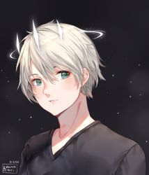 Rule 34 | 1boy, artist name, black background, black shirt, collarbone, commentary, commission, dated, english commentary, eyebrows hidden by hair, green eyes, grey hair, hair between eyes, halo, kobutanori, male focus, original, parted lips, shirt, solo, upper body