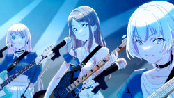 Rule 34 | 3girls, bang dream!, bang dream! it&#039;s mygo!!!!!, bass guitar, black choker, blue eyes, blue shirt, brown hair, chihaya anon, choker, closed mouth, commentary request, dress, earrings, electric guitar, guitar, heterochromia, highres, holding, holding guitar, holding instrument, instrument, jewelry, kaname raana, long hair, looking at viewer, microphone, multiple girls, nagasaki soyo, nagayama momo, necklace, official art, pink hair, playing guitar, shirt, skirt, smile, spot light, translation request, upper body, white dress, white hair, white skirt