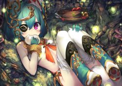 Rule 34 | 10s, 1girl, aqua hair, baozi, blush, bracelet, breasts, commentary request, eating, eyepatch, food, gloves, green gloves, hair between eyes, hair ornament, hand on own knee, holding, holding food, jewelry, last period, looking at viewer, lying, mul latum, niranome, on back, purple eyes, short hair, small breasts, smile, solo, white legwear