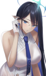 Rule 34 | 1girl, absurdres, black hair, blue archive, blue eyes, blue hair, blue necktie, breasts, collared dress, colored inner hair, dress, earrings, glasses, gloves, halo, hand on own ear, highres, jewelry, large breasts, long hair, looking at viewer, multicolored hair, necktie, pointy ears, renzu (lens 02), rin (blue archive), simple background, solo, upper body, very long hair, white background, white gloves