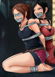 Rule 34 | 2girls, barefoot, bike shorts, black hair, black tank top, bound, bound ankles, bound torso, bound wrists, breasts, brown eyes, brown hair, capcom, choker, claire redfield, cleavage, dress, earrings, feet, gag, gagged, highres, improvised gag, jewelry, legs, lost one zero, medium breasts, multiple girls, necklace, red dress, resident evil, resident evil 2, seiza, shirt, shorts, sitting, sleeveless, sleeveless shirt, tank top, tape, tape gag, taped eyes, thighs