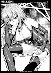 Rule 34 | 1girl, 40010prototype, akuma no riddle, boots, breasts, character name, cleavage, copyright name, dress, drill hair, covered erect nipples, female focus, hand on own face, highres, inukai isuke, large breasts, looking at viewer, monochrome, nipple slip, nipples, no bra, no panties, pussy, short dress, smile, solo, thigh boots, thighhighs